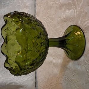 Vtg Indiana Glass Avocado Green Pedestal Compote Dish With Diamond Point Pattern